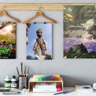 escritorio en pared, con pared con cuadros de Groot, parte de la pelicula advenger y vengadores