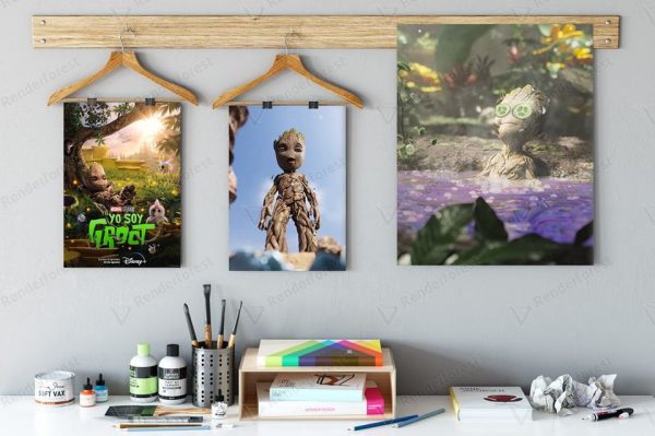 escritorio en pared, con pared con cuadros de Groot, parte de la pelicula advenger y vengadores